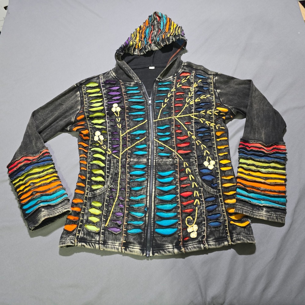 Patchwork Hoodie Women Large Black Razor Cut Embroidered bohemian acid-washed